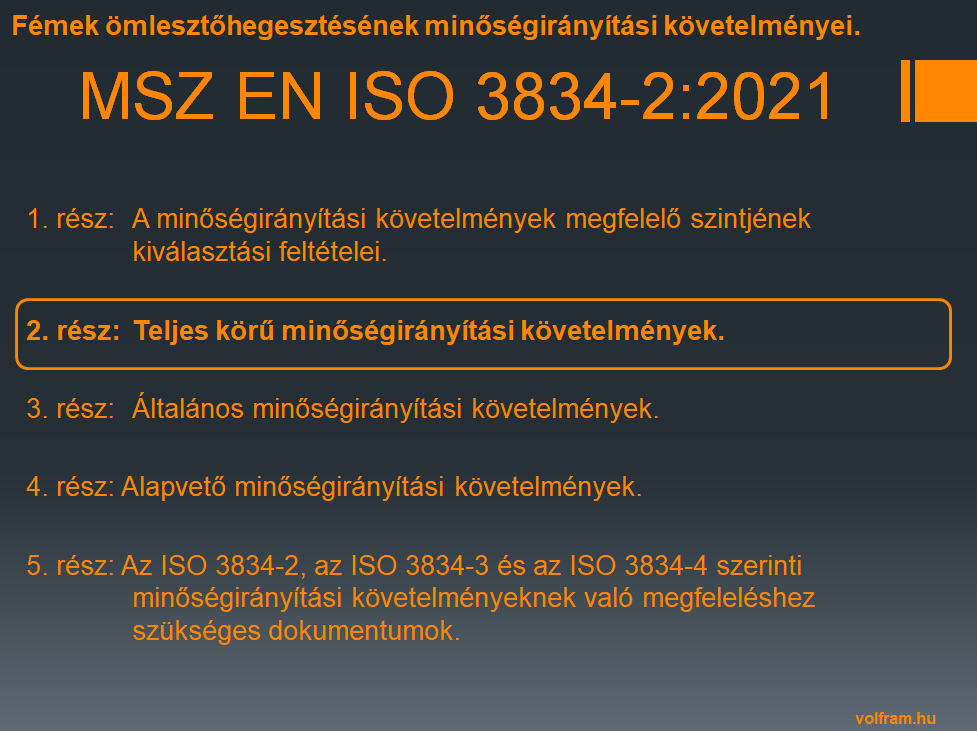 Fémek ömlesztőhegesztésének minőségirányítási követelményei. 
ISO 3834